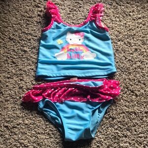 Hello Kitty Toddler 2 Piece Blue & Pink Polka Dot Ruffled Swimming Suit